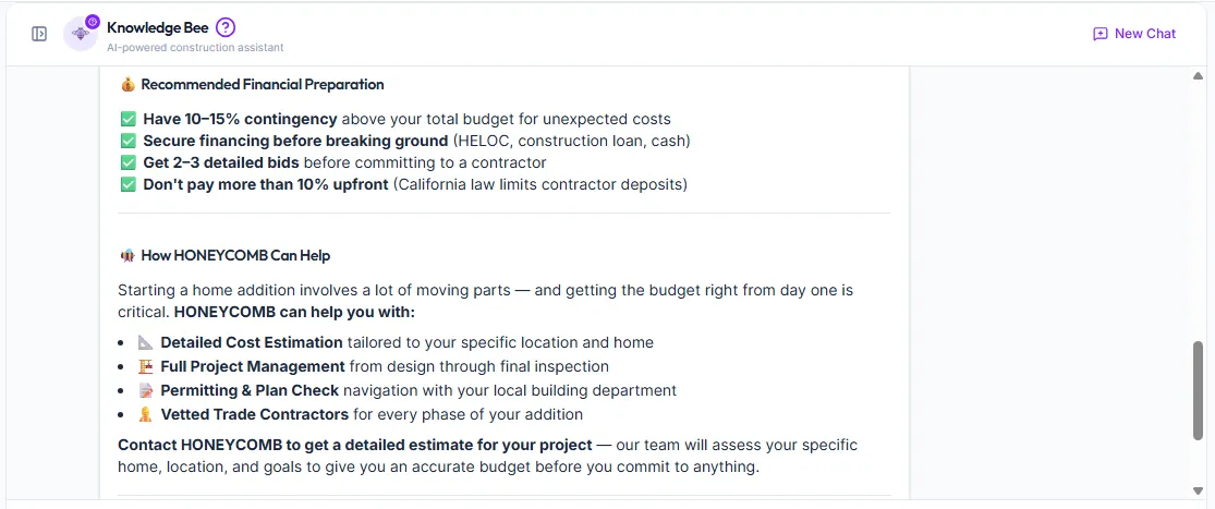 Knowledge Bee AI assistant providing financial preparation guidance for a home addition project