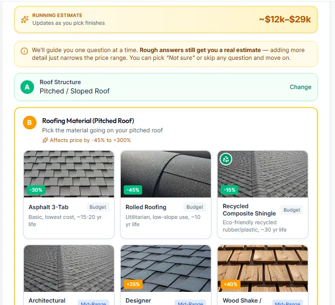 My Project tool: live estimate updating as homeowner picks roofing finishes