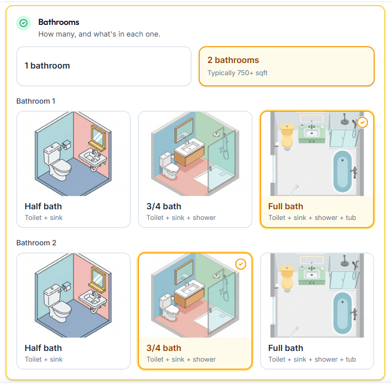 TRUbee Wizard — Bathroom layout selection with half / 3/4 / full bath options