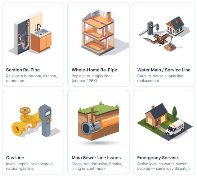 TRUbee Wizard — Plumbing scope cards (re-pipe, sewer, gas line, emergency)