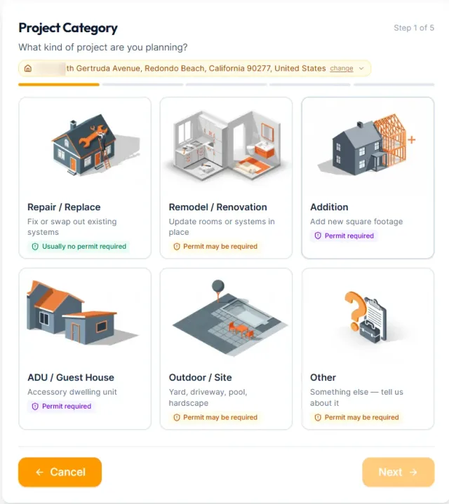 TRUbee Wizard — Project Category step showing project type tiles